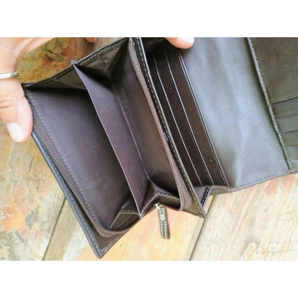 VTG Coach Soho Signature Khaki Brown Wallet Canvas Leather Buckle Flap Trifold